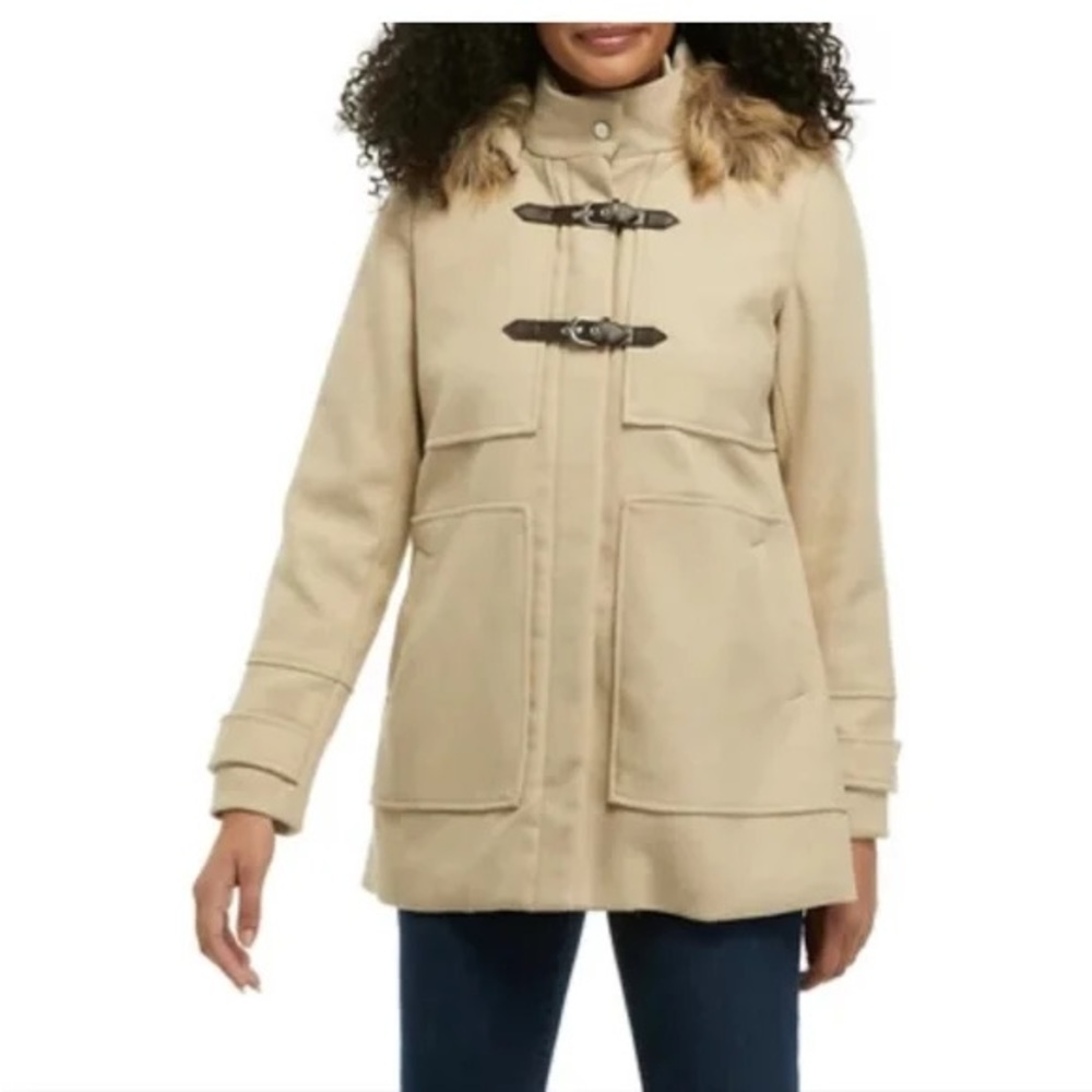 COFFEE SHOP WOOL BLEND FAUX FUR TRIMMED DUFFLE COAT SZ M